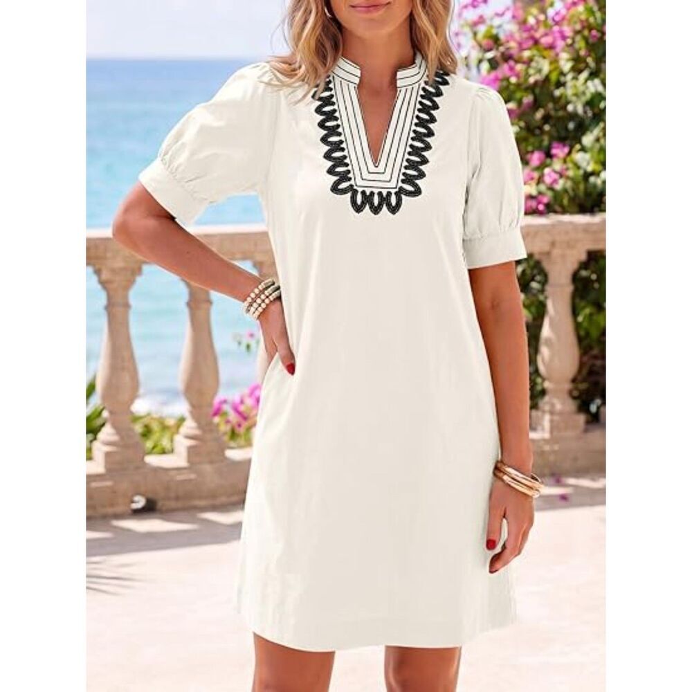 Women's Beige V Neck A Line Short Sleeve A Line  Embroidered Boho Short Dress - Picture 5 of 5